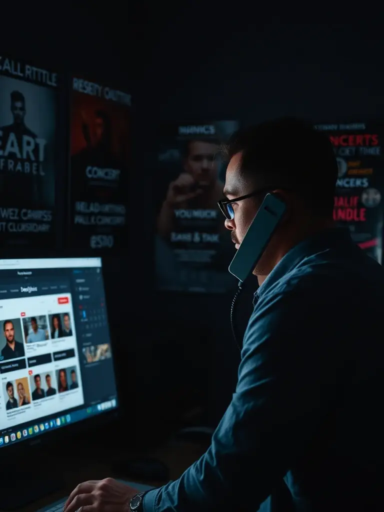 A booking agent on the phone, reviewing a calendar and artist profiles on a computer, with concert posters and event schedules visible in the background. The scene highlights professional booking negotiations.