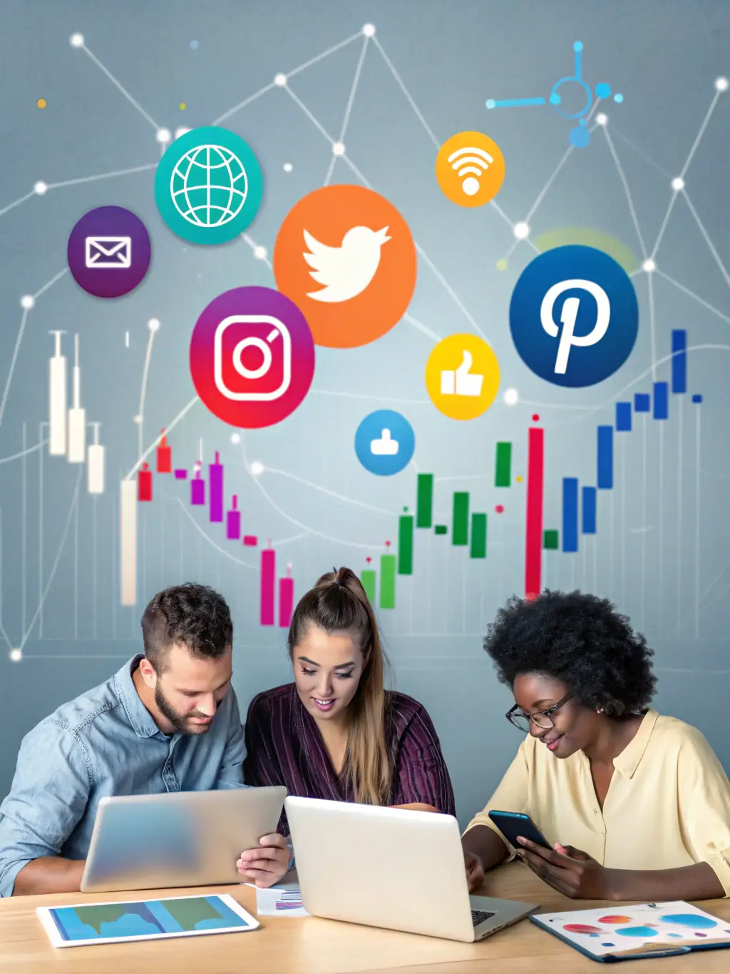 A marketing team working on digital screens displaying social media analytics, promotional graphics, and music release campaigns. The scene emphasizes digital marketing efforts with vibrant visuals and data charts.