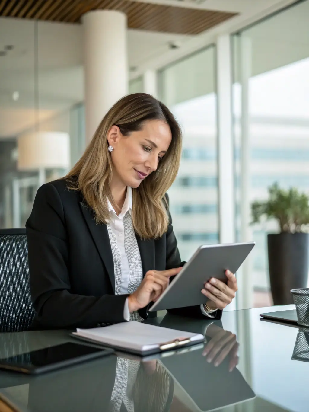 A professional manager in a modern office, reviewing artist portfolios and music demos on a digital tablet, with a confident and attentive expression. The setting includes music posters and industry awards, highlighting artist development.
