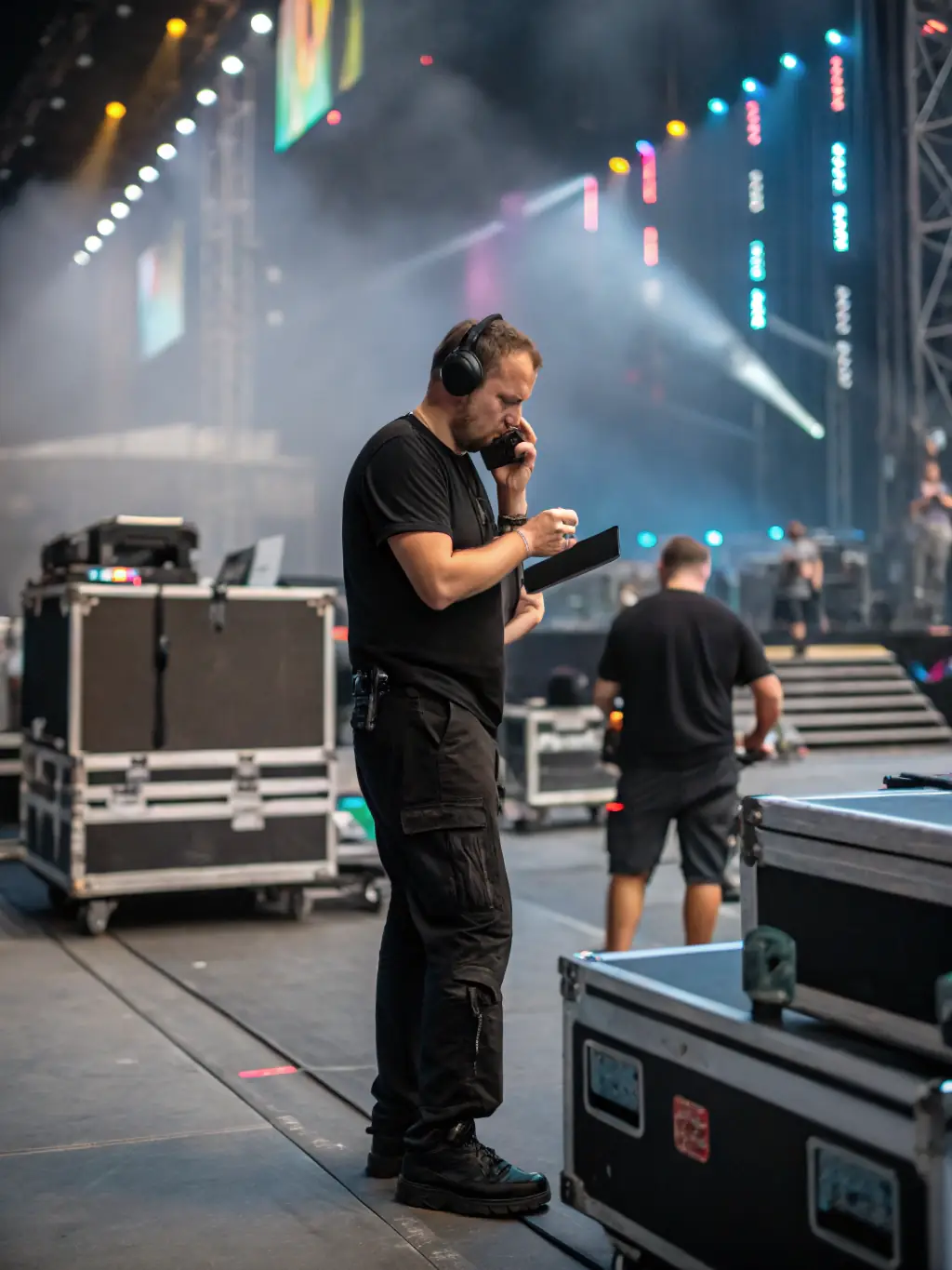 A professional tour manager overseeing a concert tour, with a clipboard in hand, standing backstage near a tour bus and stage equipment. The scene depicts a busy, organized environment with lighting and sound gear, emphasizing tour logistics and management.